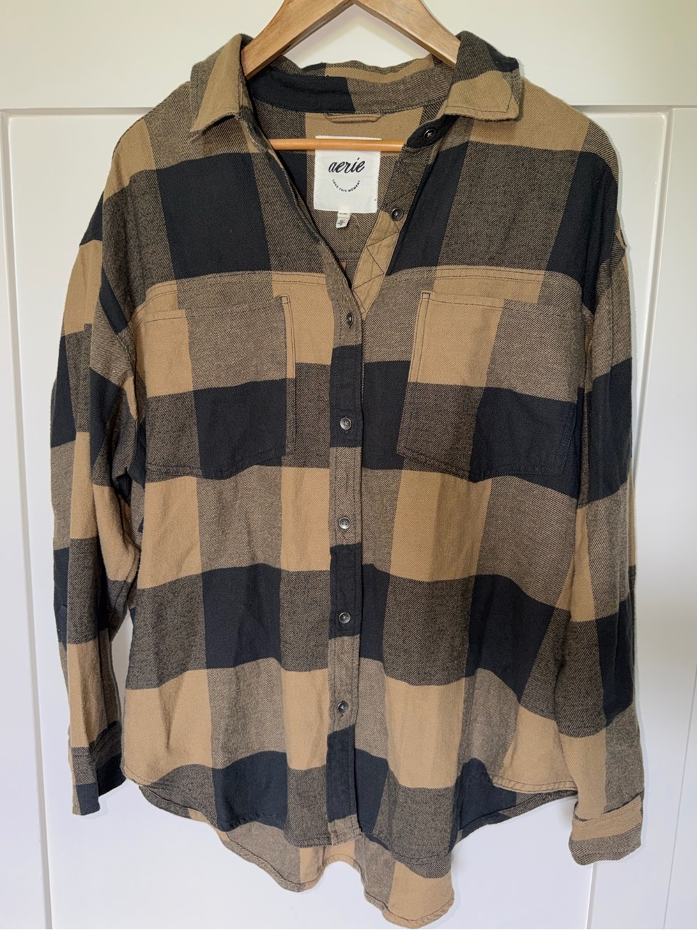 aerie Black and Tan Plaid Shirt